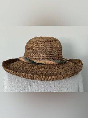 J Hats Straw Sun Hat One Size Boho Wide Brim Beaded Band Beach Hat